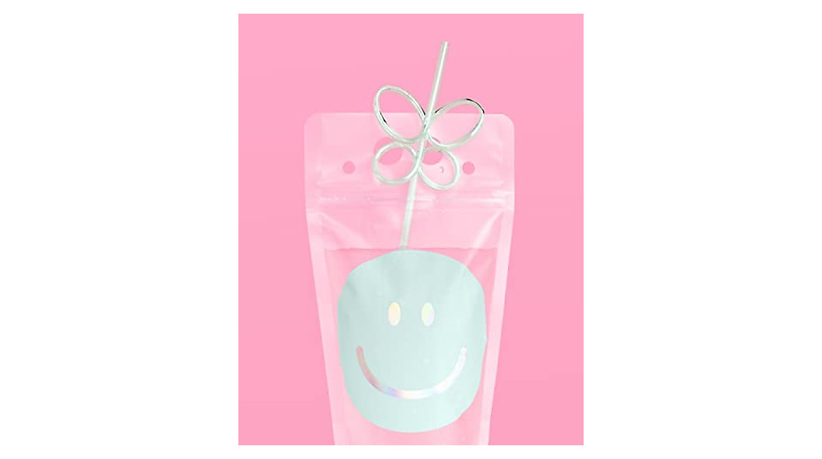 Smiley Drink Pouches + Butterfly Straws - 16 Pack Party Fun