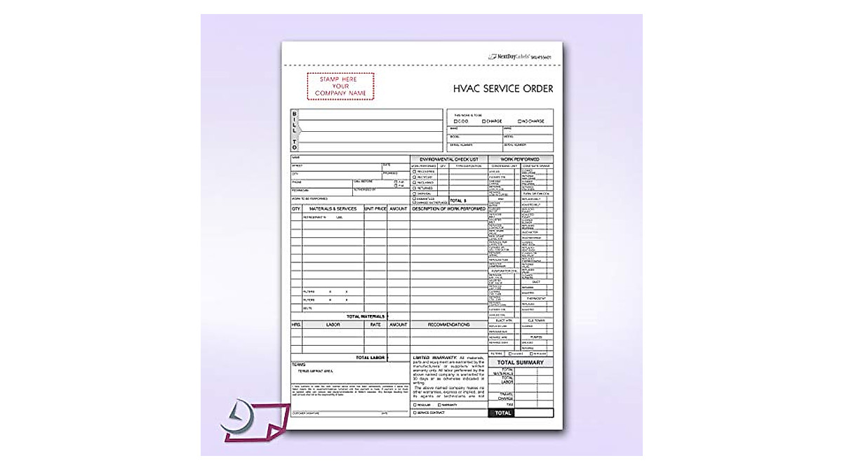 HVAC Service Invoice Forms - 3 Part Carbonless | Next Day Labels