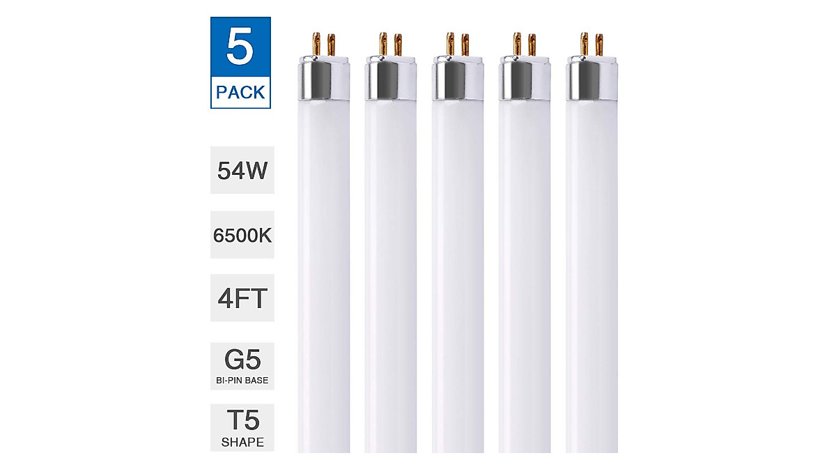 F54T5 Fluorescent Tube Light Bulb - 54W, 6500K, 5 Pack