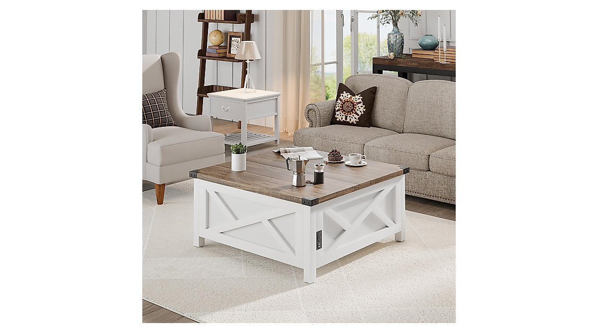 MU Lift Top Farmhouse Coffee Table with Storage & Charging Station