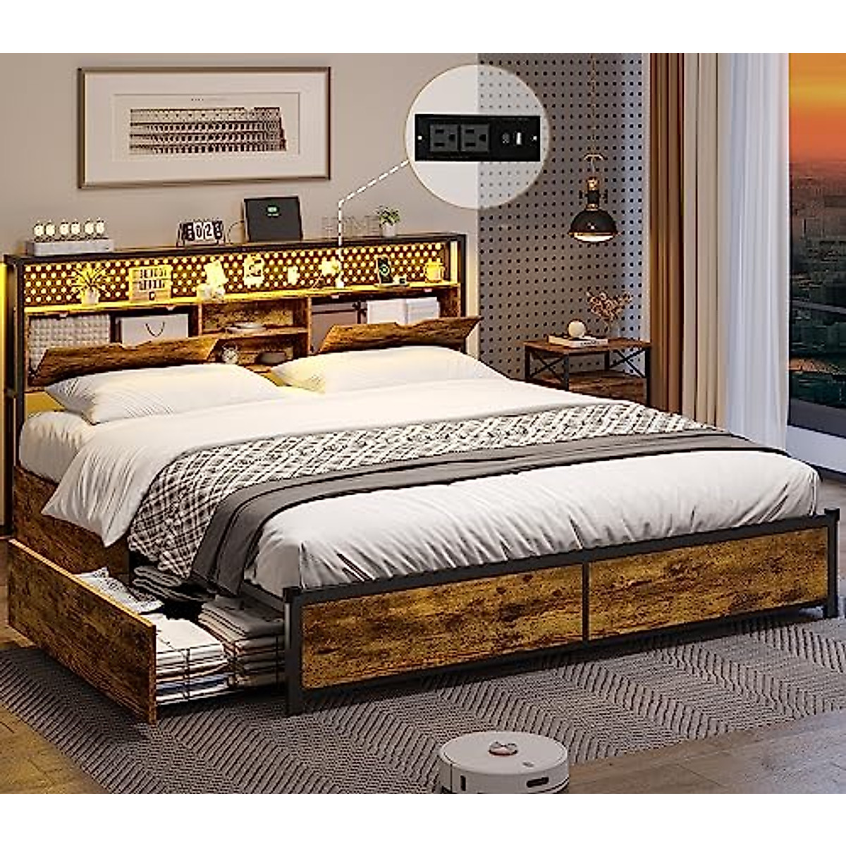 ADORNEVE Queen LED Bed Frame with Storage & Charging