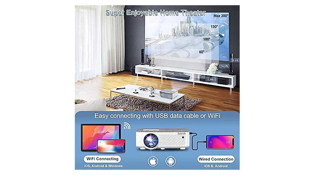 Asnish 1080P Full HD Outdoor Projector with WiFi & Bluetooth