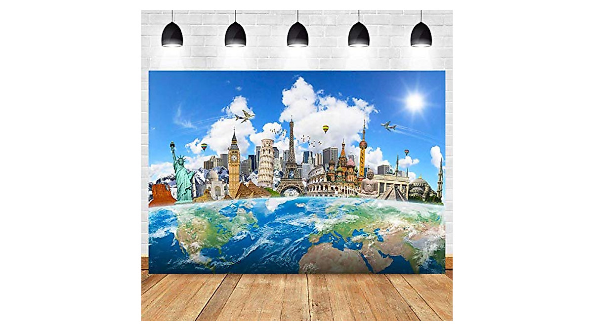 World Map Travel Backdrop 7x5ft with Famous Landmarks | LELEZ