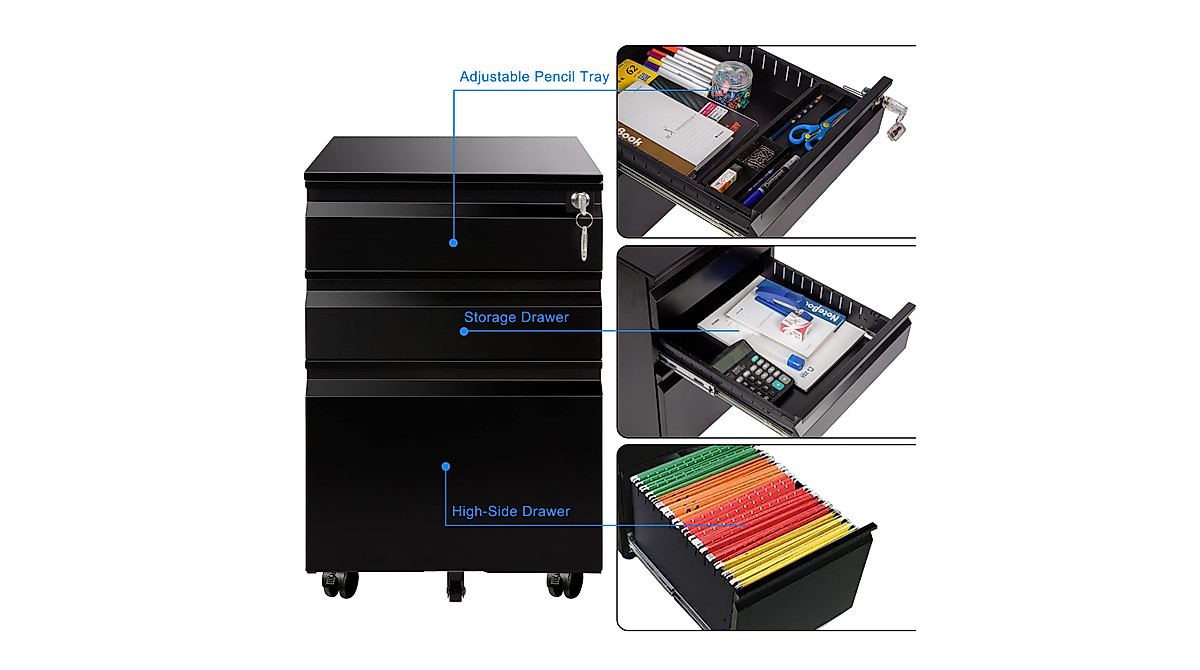 Heavy Duty 3 Drawer Office Filing Cabinet with Keys Black
