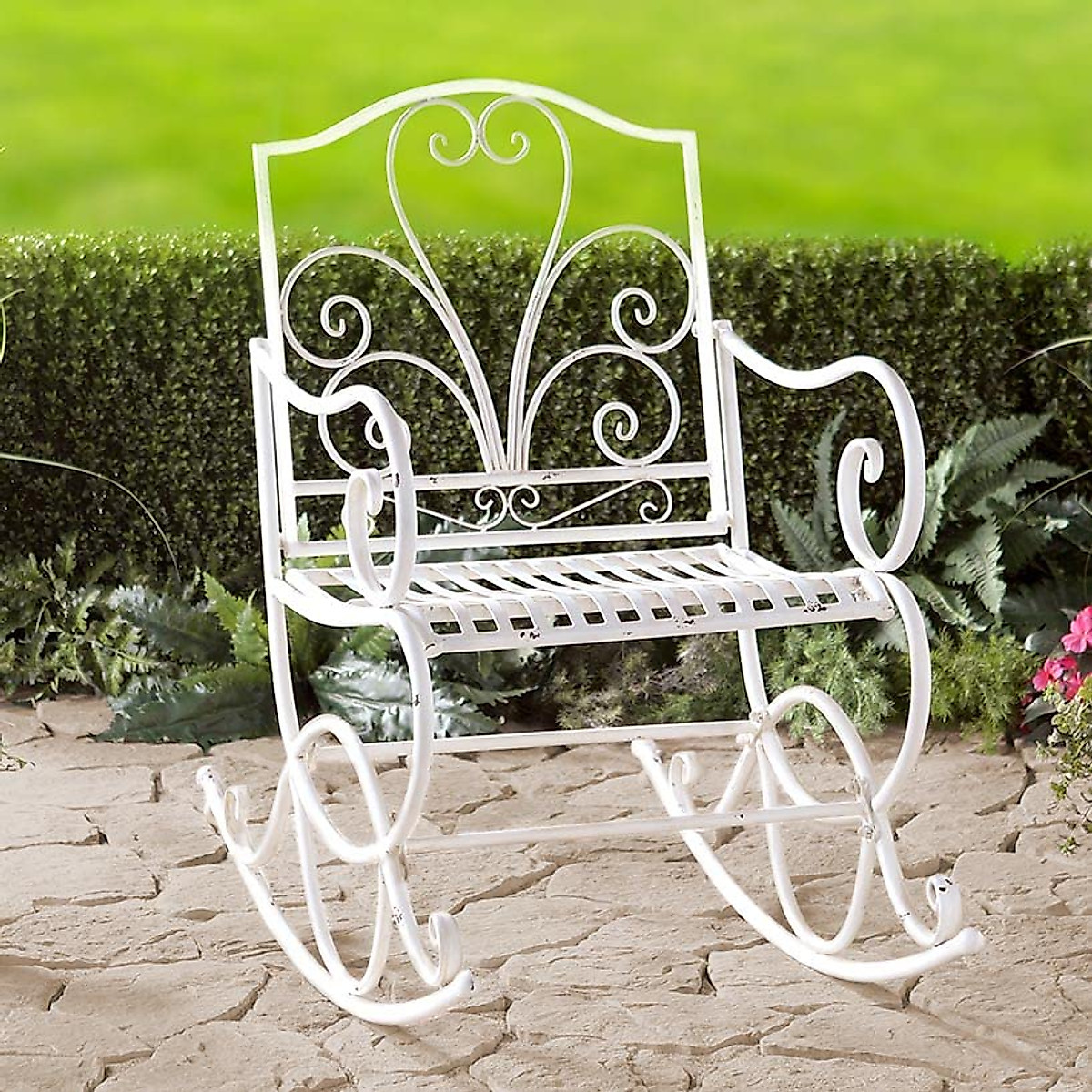 Wrought Iron Rocking Chair - Vintage White Outdoor Relaxation
