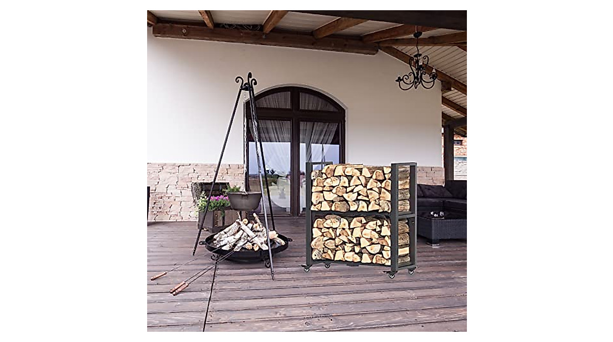 Luffioner 2 Tiers Rolling Firewood Rack,Foldable Firewood Log Storage ...