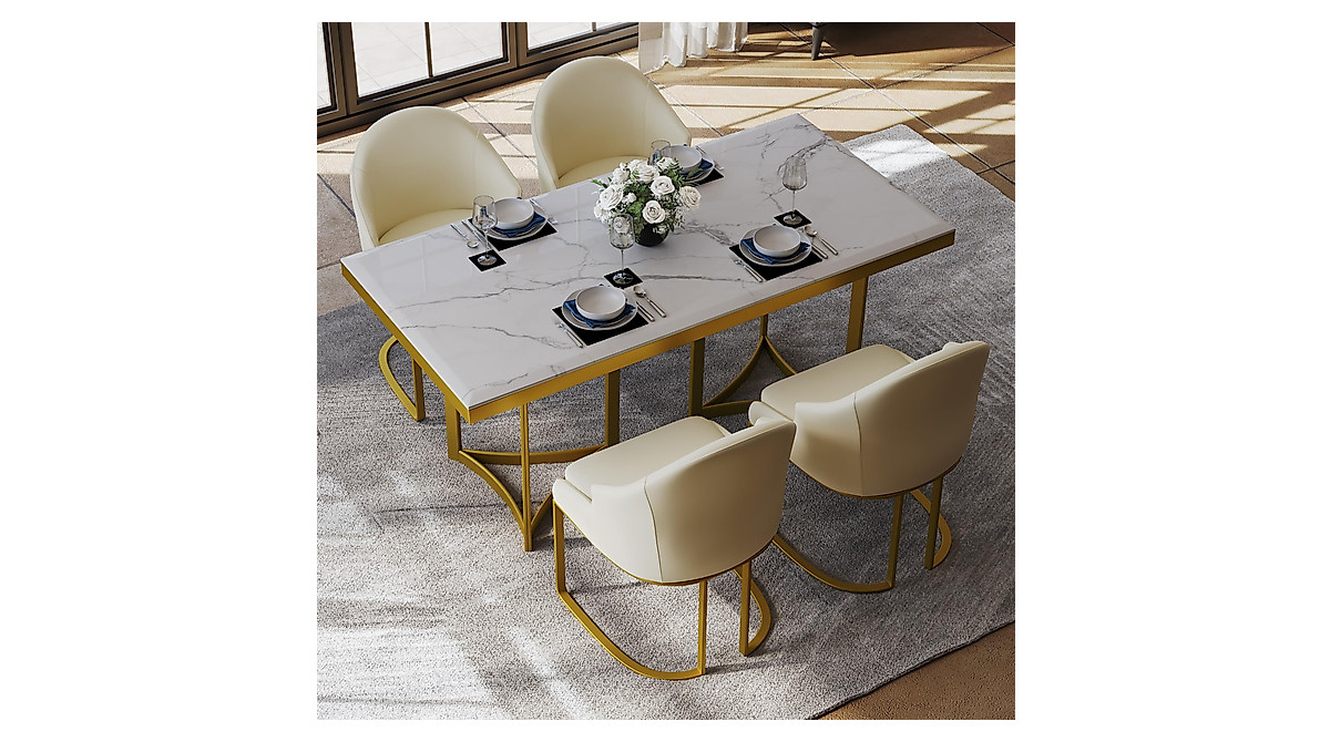 POVISON Marble Dining Table for 6 - Modern White with Gold Trestle