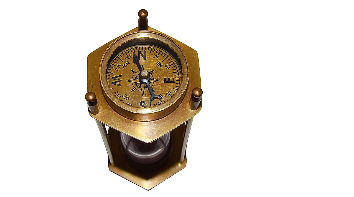 Brass Sand Timer Hourglass with Marine Compass Accent | Vintage Decor