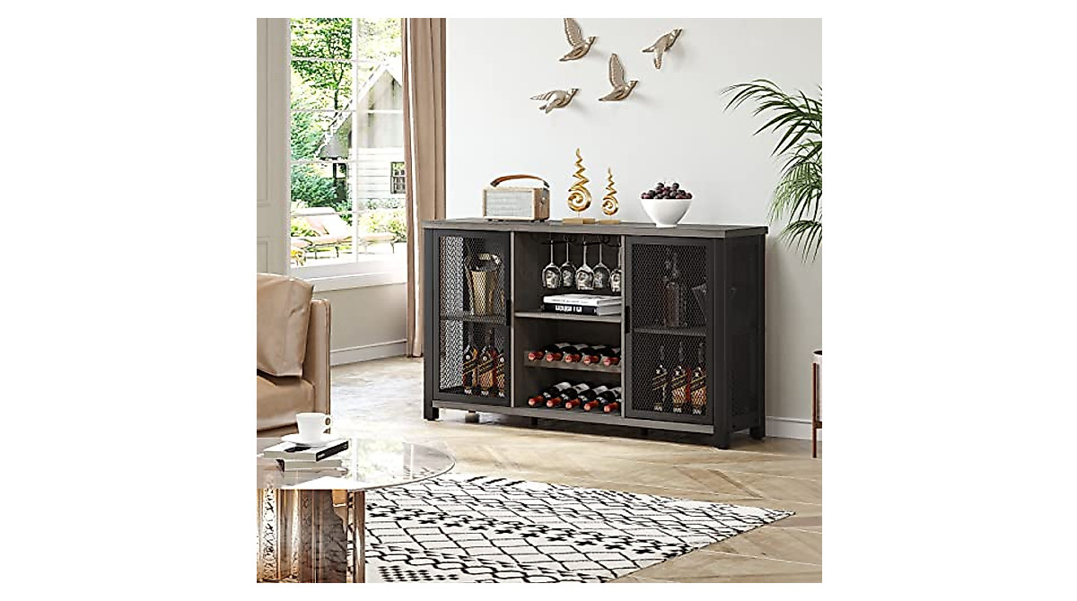 YITAHOME Industrial Sideboard Buffet Cabinet w/Wine Rack, Glass Cups ...