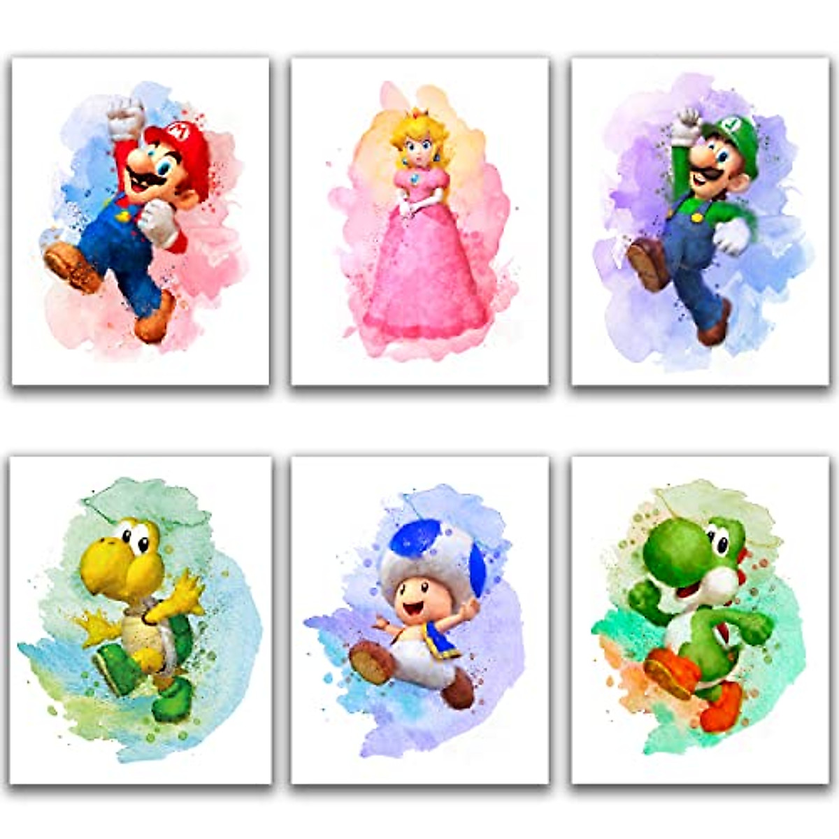 Super Mario Watercolor Posters Set of 6 for Kids & Game Rooms