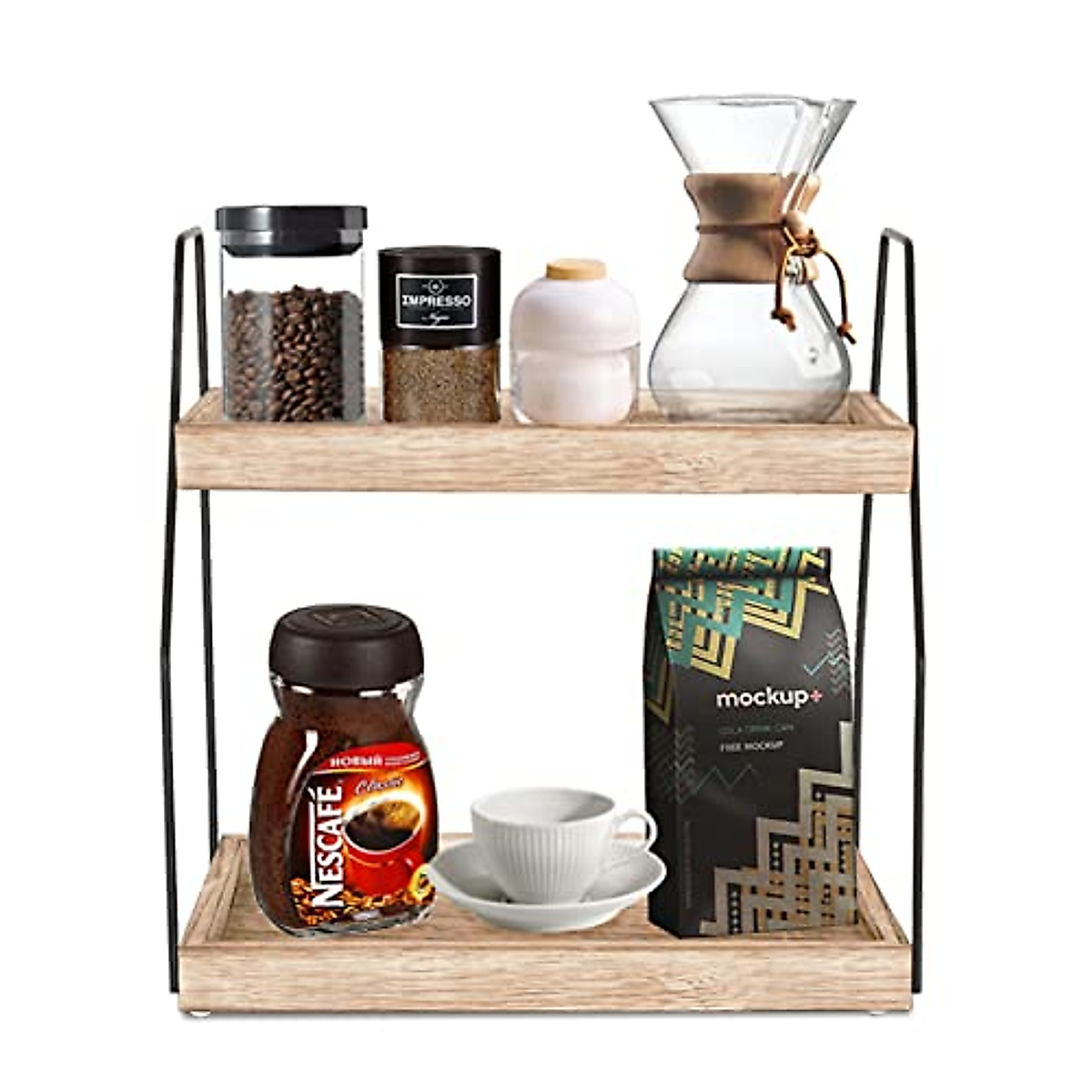 Rustic Coffee Bar Organizer - Stylish Two-Tier Wooden Storage Rack
