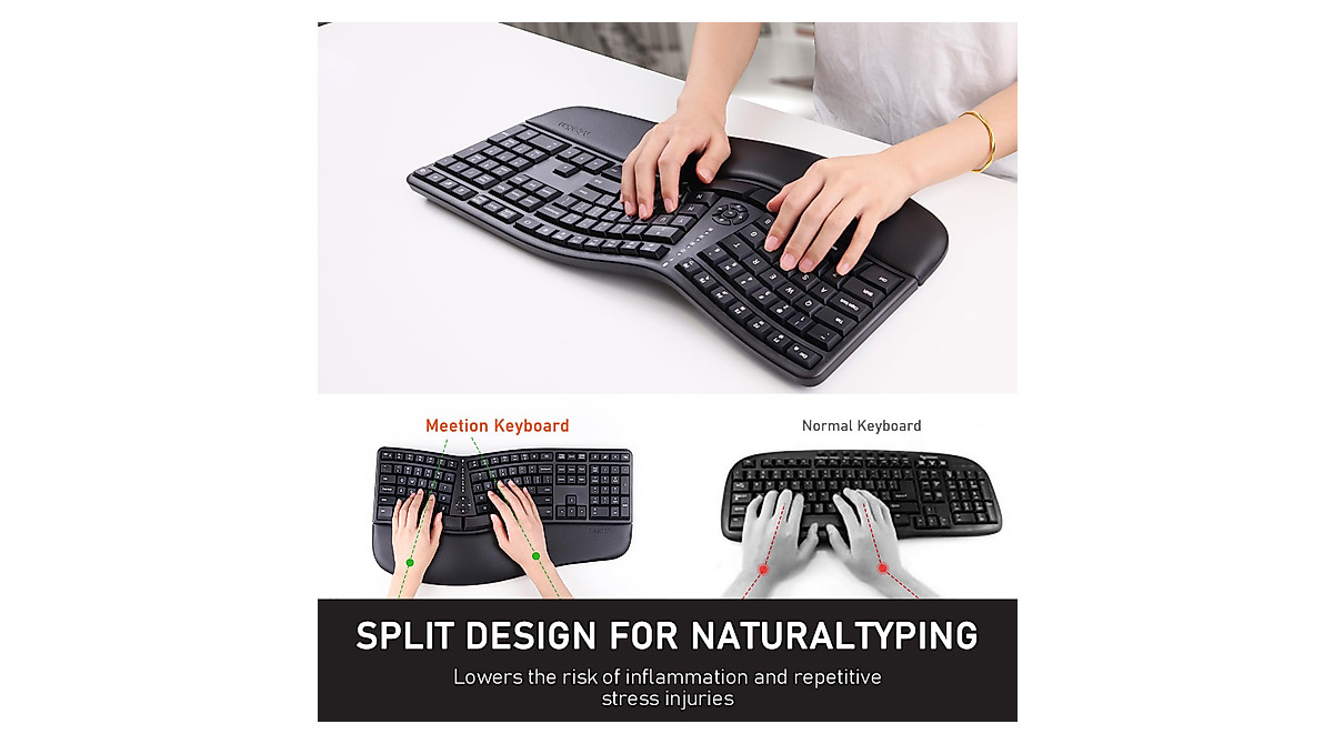 Ergonomic Split Wireless Keyboard with Wrist Rest - Meetion