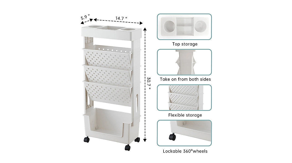 5 Tier Rolling Bookshelf - Slim Mobile Book Rack