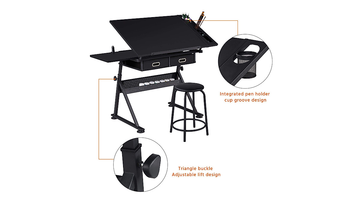 Yaheetech Adjustable Drafting Table with Storage & Stool