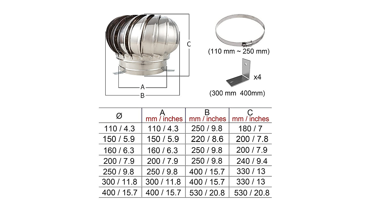 10in 250mm 304 Stainless Steel Roof Wind Turbine Vent, Silent Rotation Air Outlet for Chimney, 8