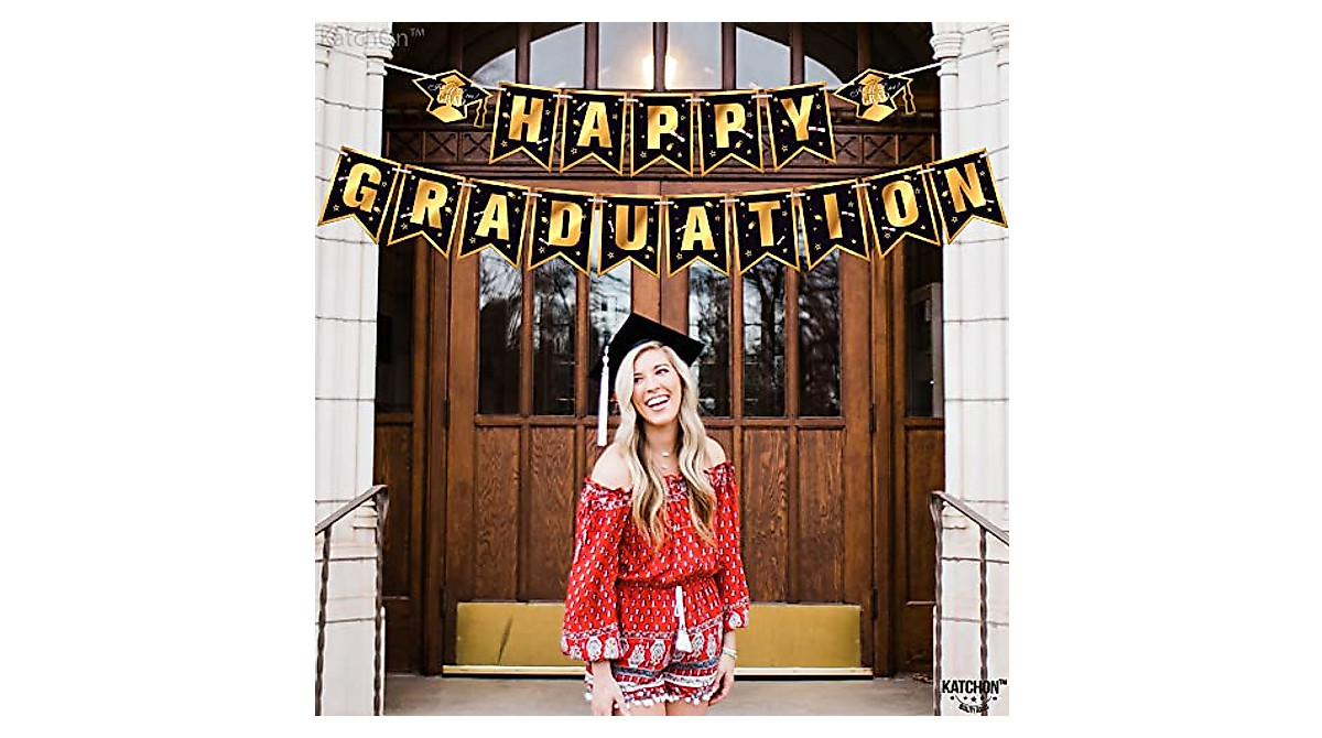 Congrats Grad Banner 72x44 Inch Black & Gold | Class of 2022 Decor