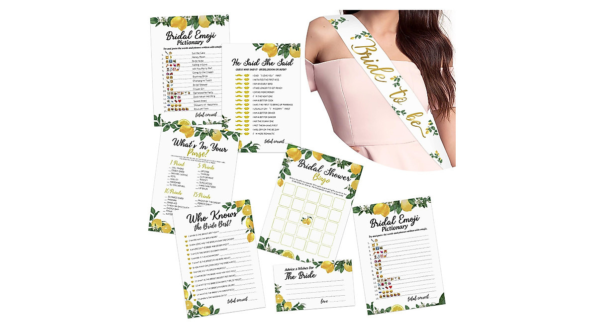 Lemon Bridal Shower Game Set with Sash - Fun Activities for 50 Guests