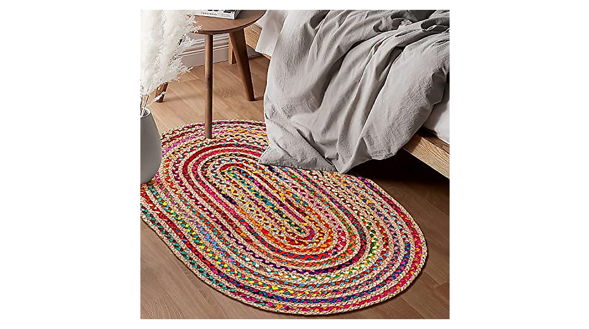 KEMA Jute Cotton Multi Chindi Rug 2x3 ft - Reversible Farmhouse Style