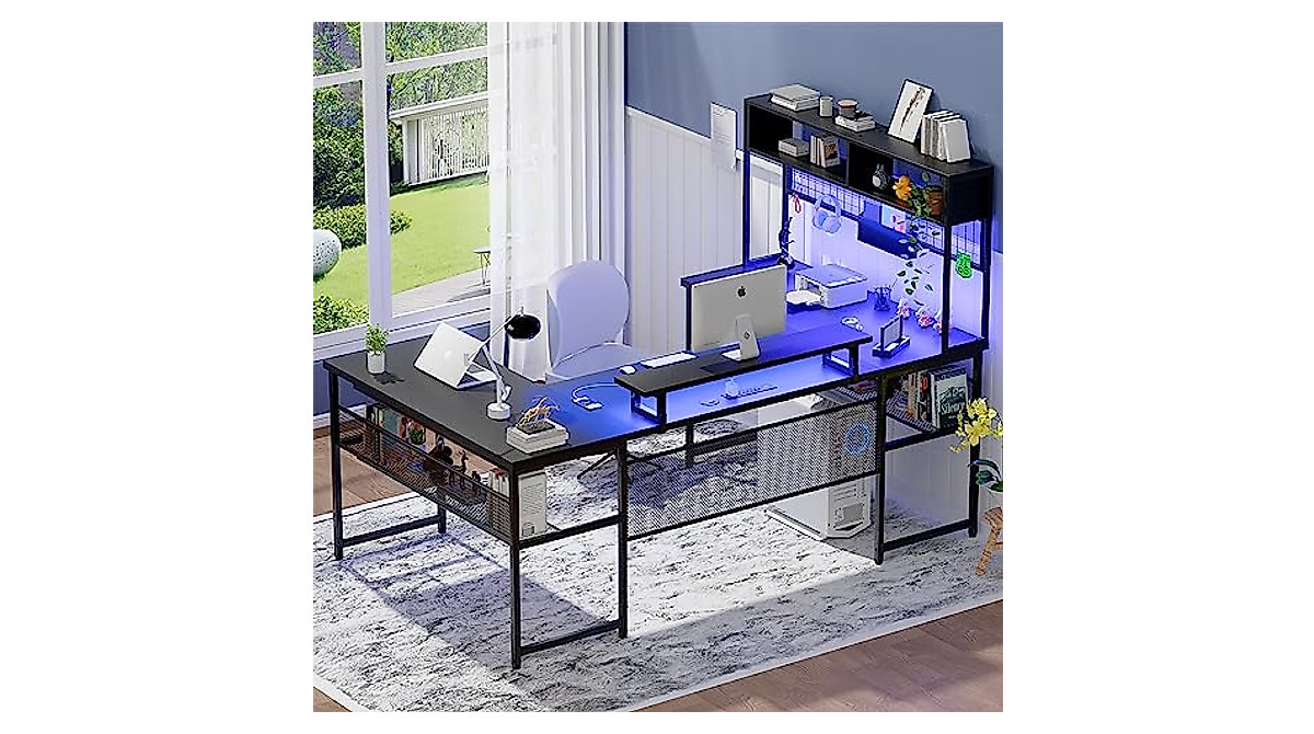 Unikito U Shaped Desk with Hutch - Reversible & Smart RGB LED Lights
