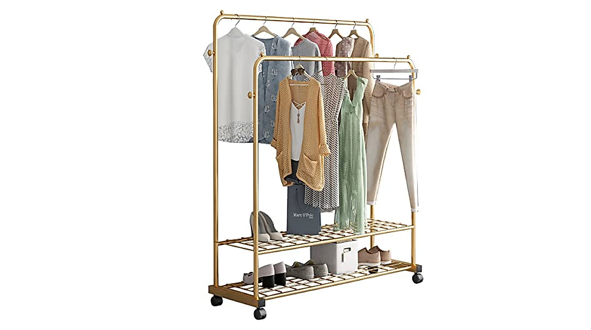 Buy Thick Forest Double Layer Clothes Rack in Gold - Mobile & Spacious