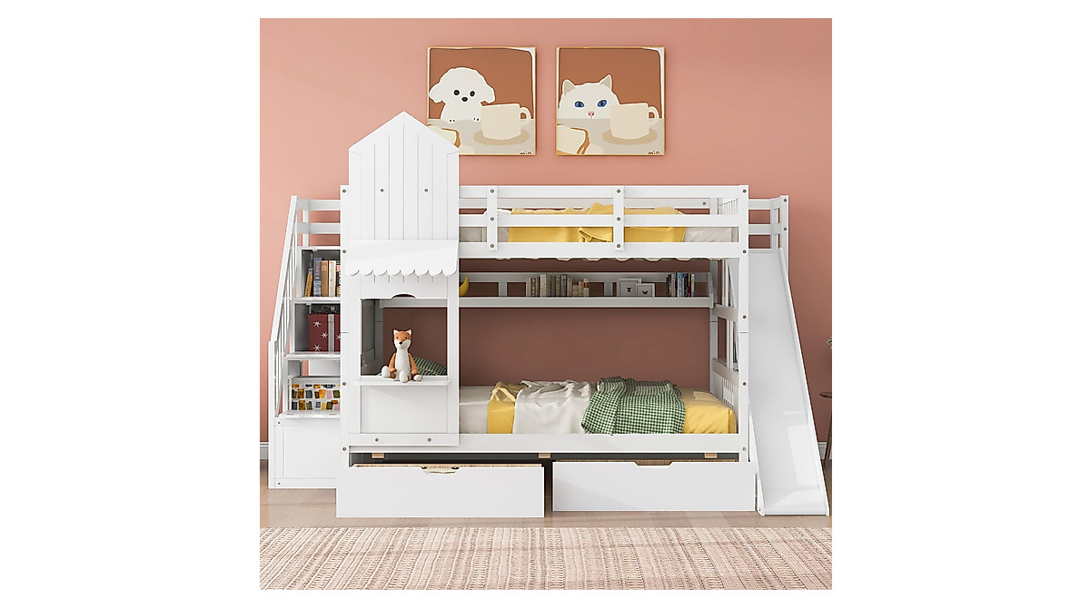 Harper & Bright Designs Full Over Full Bunk Bed with Stairs & Slide