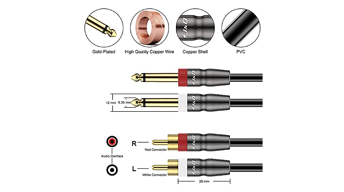 J&D 1/4 inch TS to Dual RCA Cable - Heavy Duty Stereo Audio Adapter