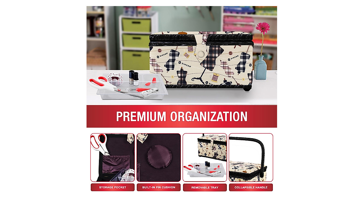 SINGER Sewing Basket with Complete Sewing Kit - Plaid Print