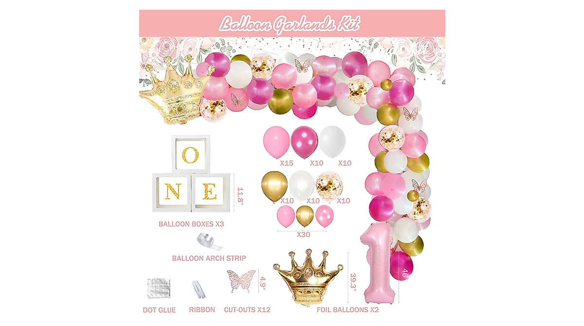 125 PCS First Birthday Decorations for Girl - Cute Pink Gold Party Supplies