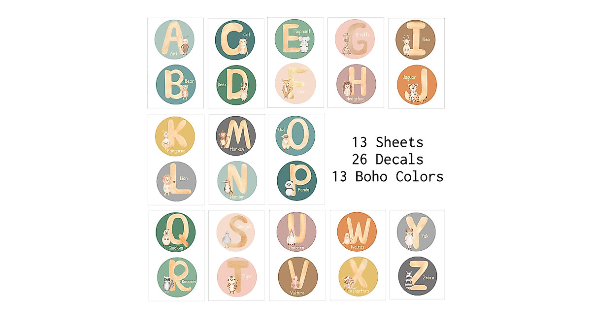 Boho Rainbow Alphabet Wall Decals for Kids Learning
