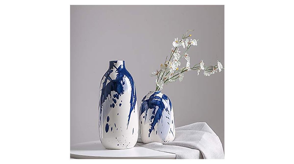 Modern Ceramic Vase Set - Navy Blue & White Decorative Vases