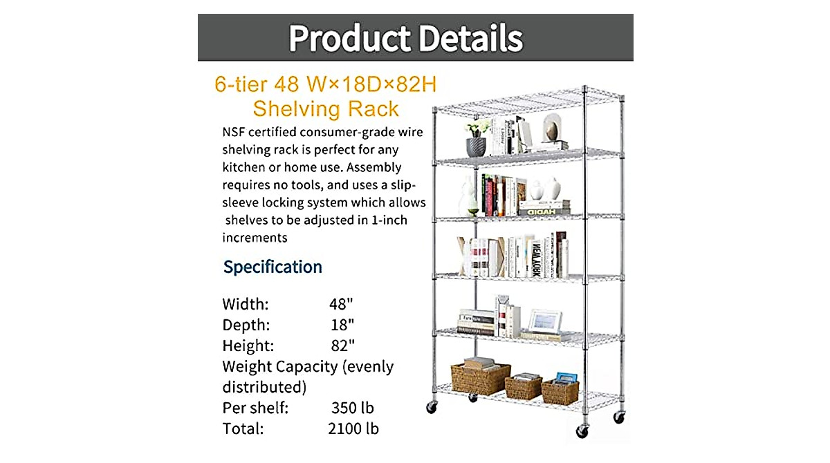 6-Tier Wire Shelving Rack - Heavy Duty Steel Storage Unit with Casters