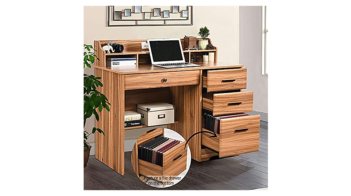 Compact Rustic Oak Computer Desk with Drawers
