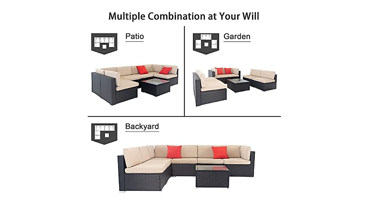 SUNCROWN 7-Piece Outdoor Sectional Sofa Set - Durable Beige Rattan ...