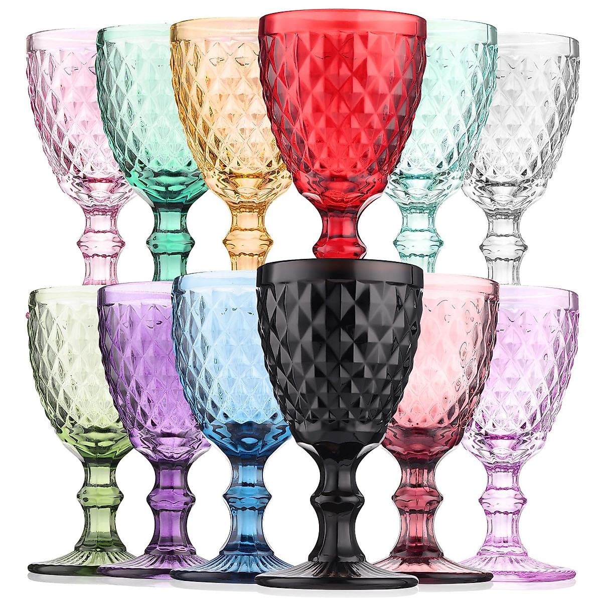 Meekoo 12 Pack Colorful Vintage Wine Glass Goblets - 8 oz Set