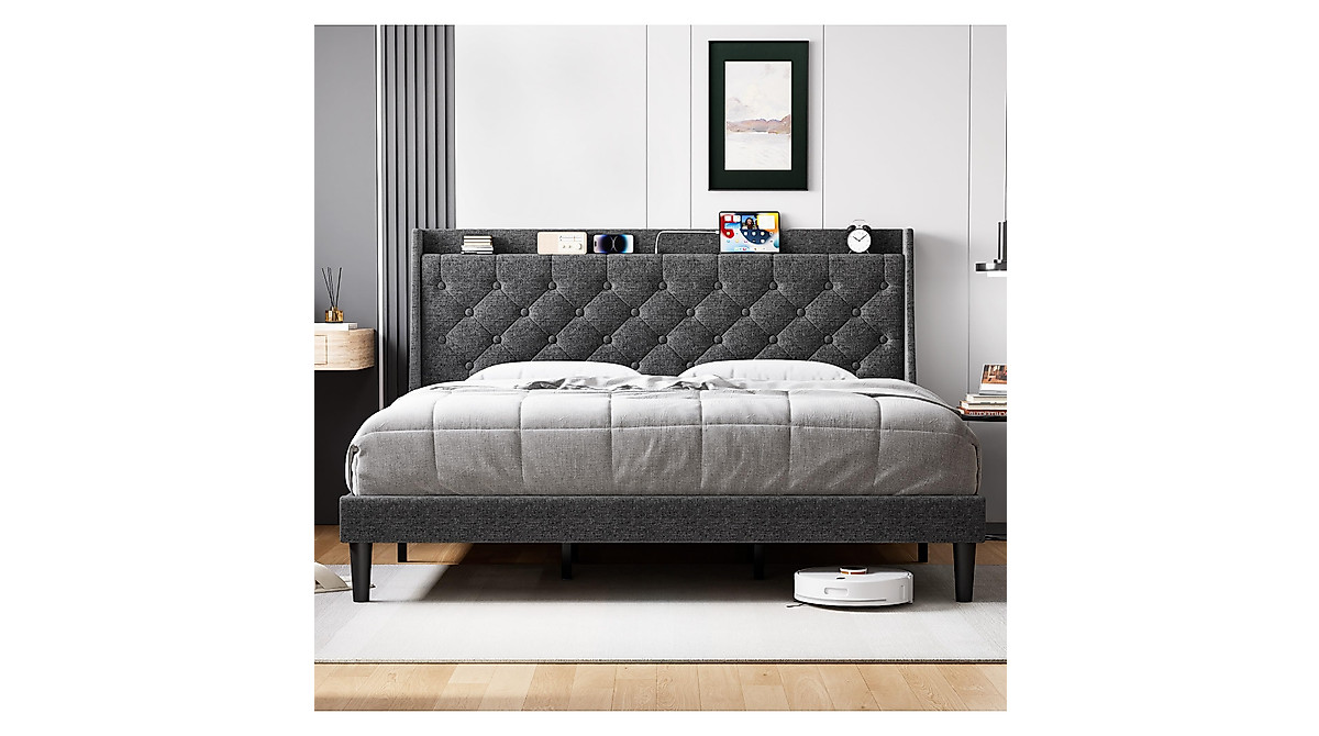 GAOMON King Size Bed Frame with Charging Station and Storage