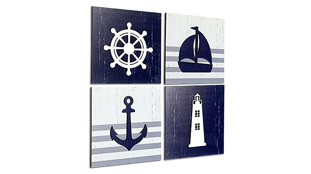 4PC Nautical Beach Wall Decor: Rustic Wood Signs for Home