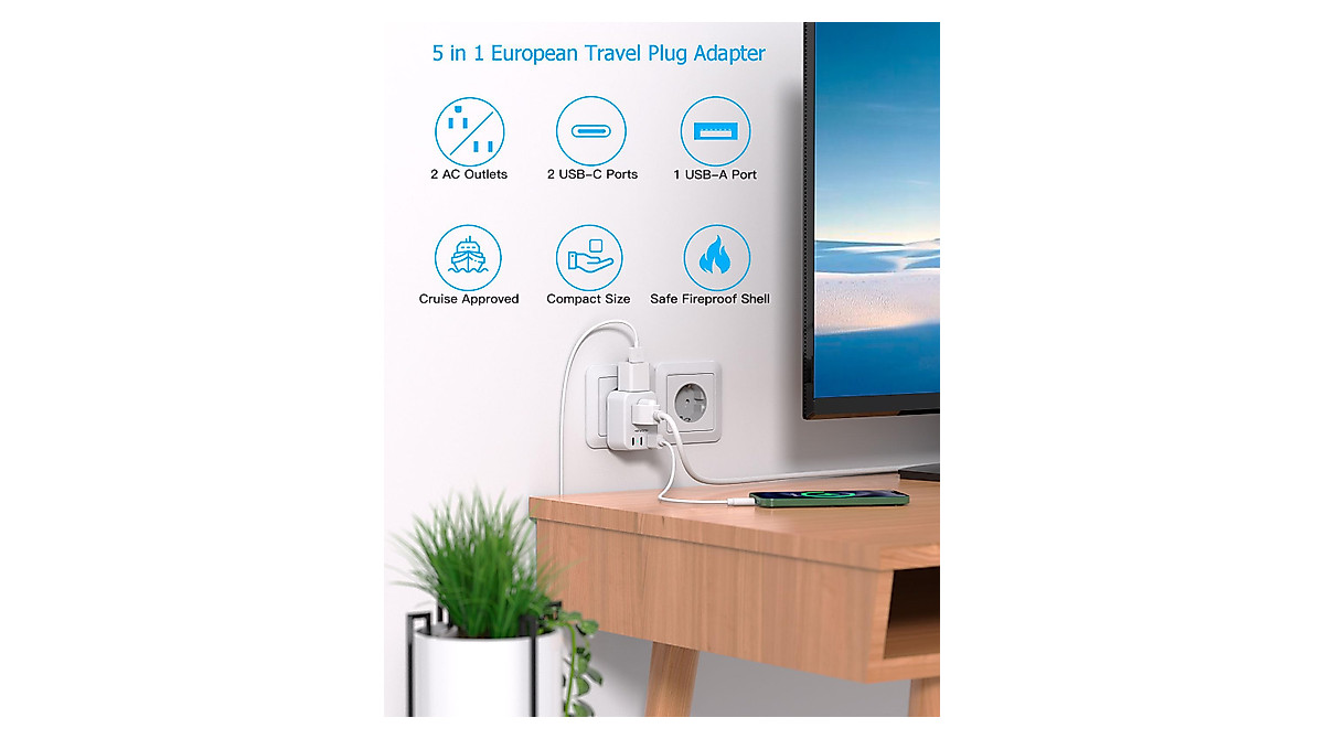 European Travel Plug Adapter - Fast Charge 5 Devices