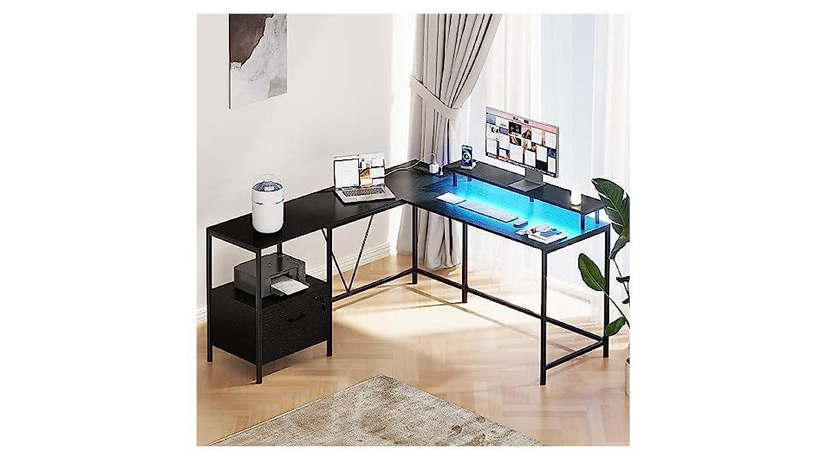PRAISUN L Shaped Desk with LED Lights & Storage
