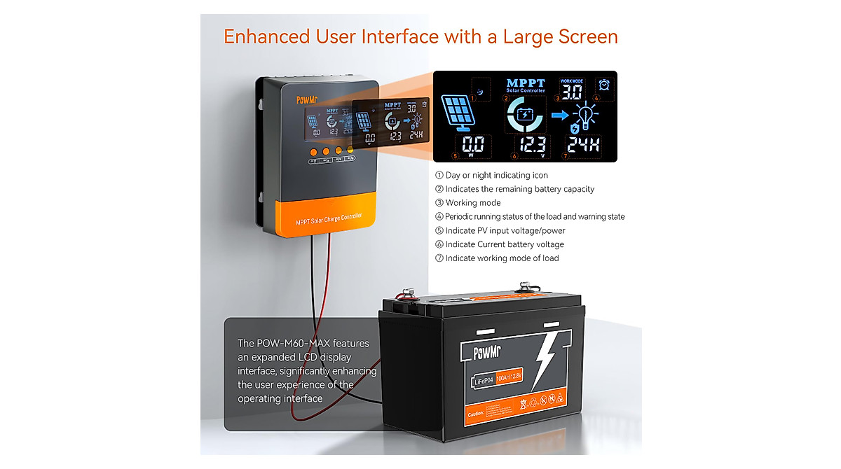 PowMr 60A MPPT Solar Charge Controller - 12V/24V/36V/48V Auto, Large LCD, For AGM/Gel/Lithium Batteries