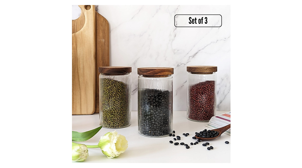 Mason & Fable Ribbed Glass Canisters Set of 3 | Airtight Kitchen Storage