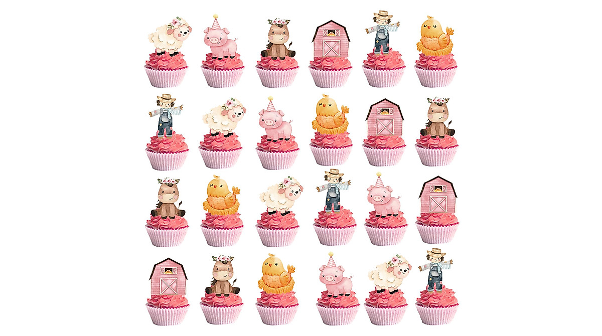 Pink Farm Animal Cupcake Toppers - 48pcs for Kids' Birthday Party