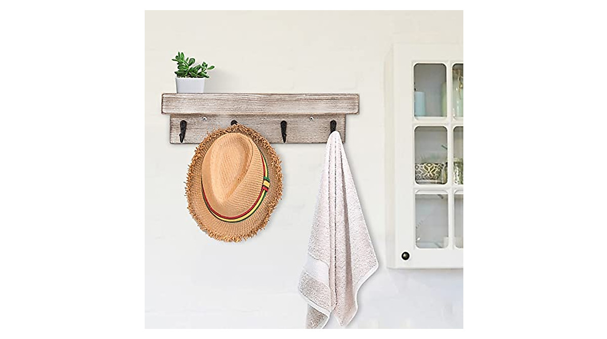 Flyisland Rustic Wall Shelf with 4 Hooks | Stylish Entryway Organizer