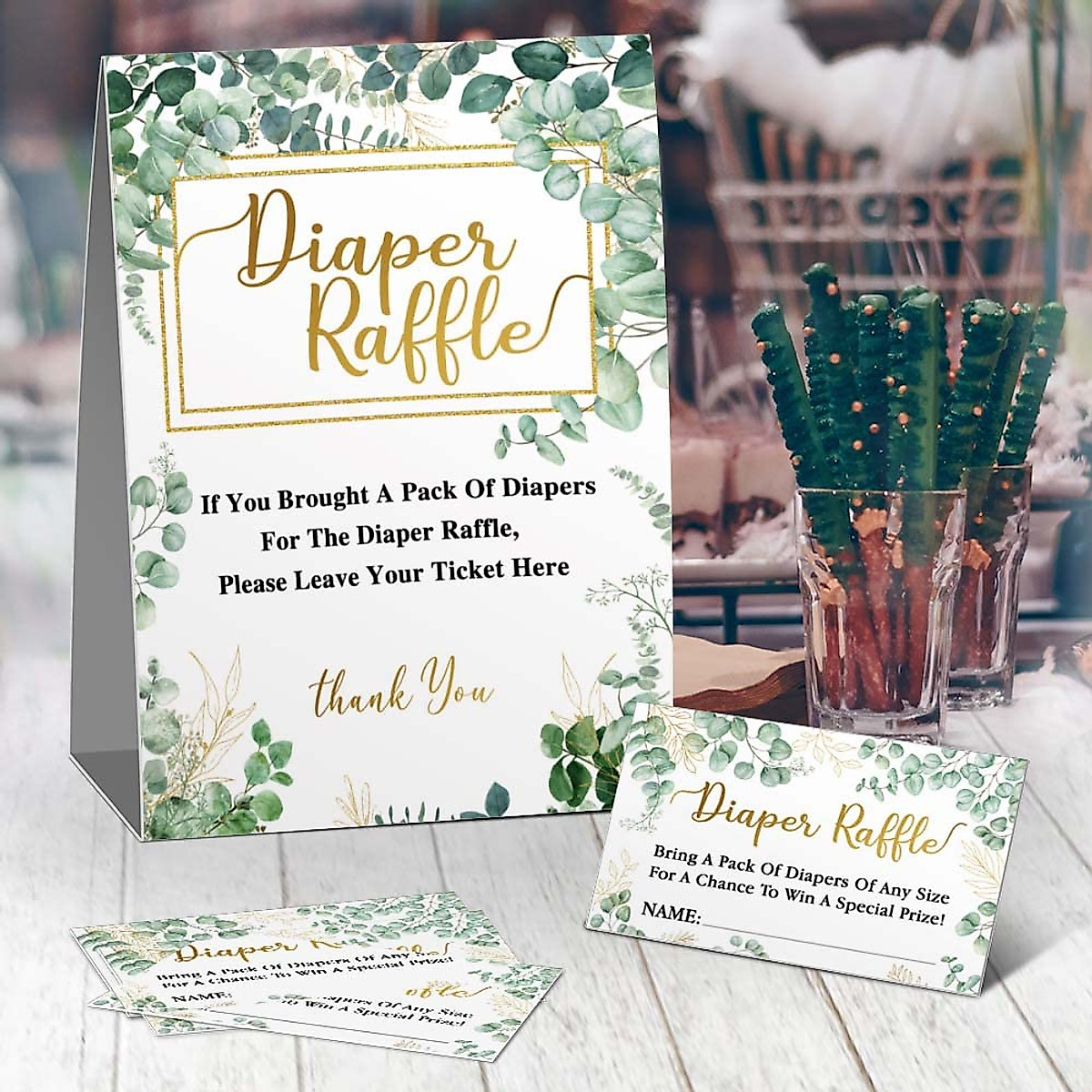 Diaper Raffle Baby Shower Game Sign & Cards - Greenery Theme