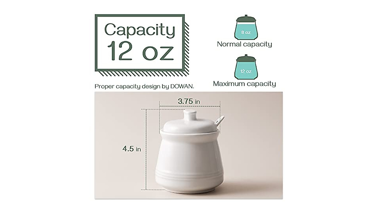 DOWAN Ceramic Sugar Bowl: 12 oz White Jar with Lid & Spoon