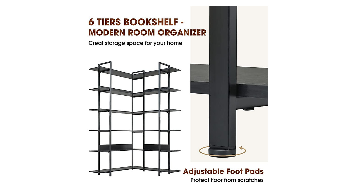 Tejomi 6-Tier Corner Bookshelf - Industrial L-Shaped Storage Rack