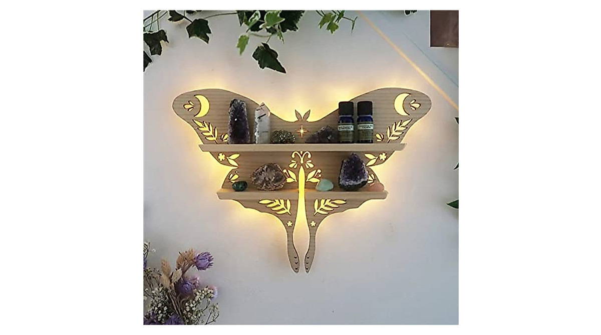 Luna Moth Crystal Shelf - Rustic Wooden Moon Display for Crystals
