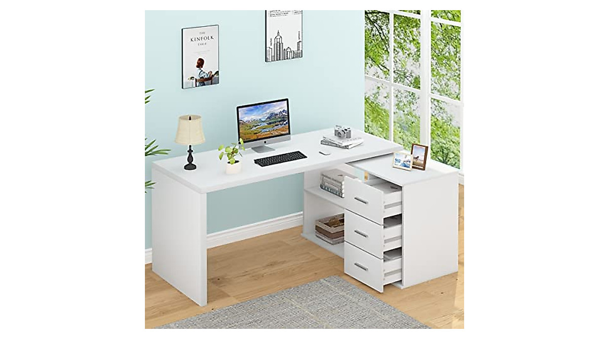 Stylish HSH White L Shaped Desk with Storage Solutions