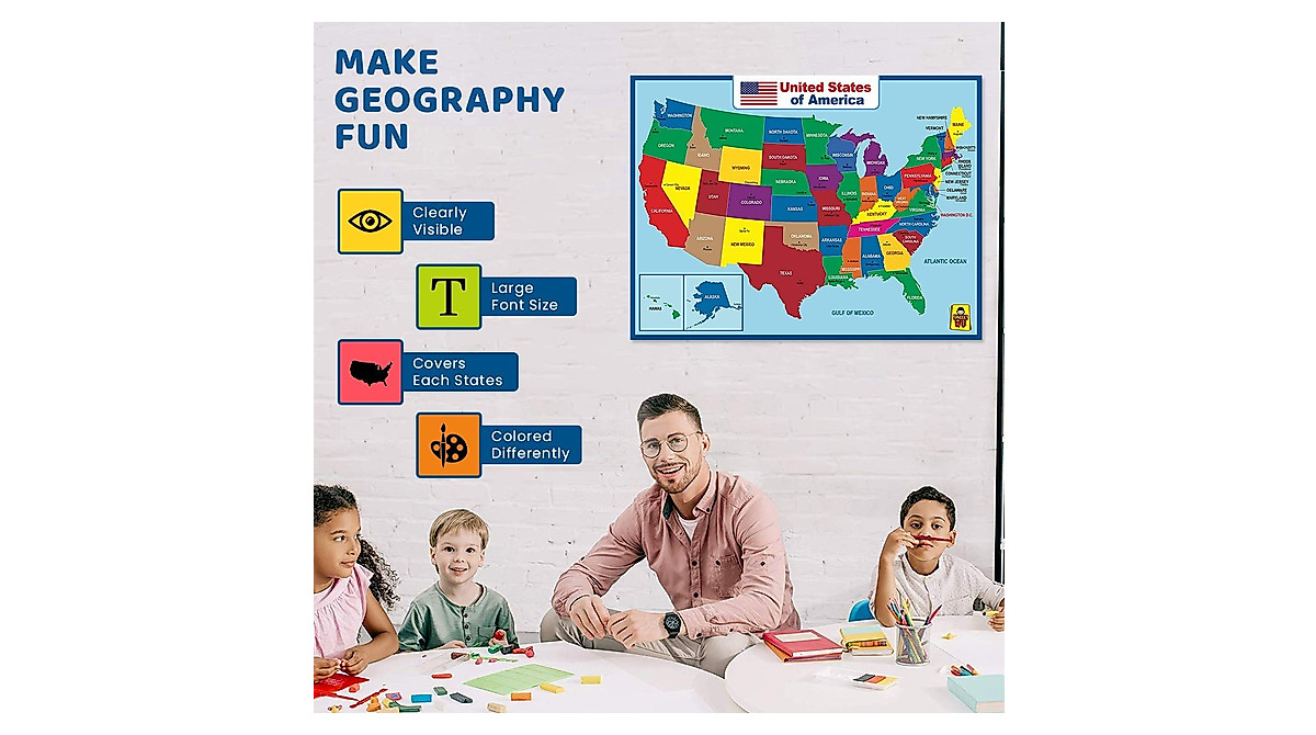 UNCLE WU US Map Poster - Waterproof, Double-Sided Educational Map for ...