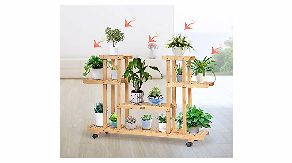Happygrill Wooden Plant Stand with Wheels - Multi-Tier Flower Display