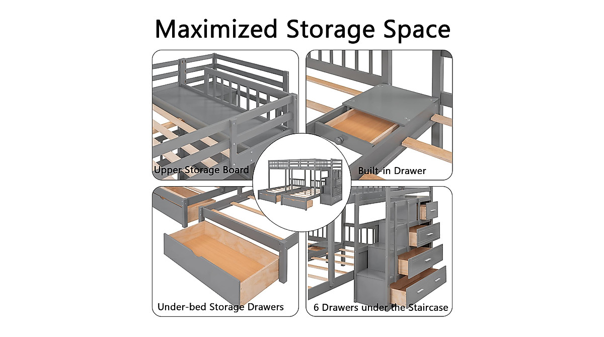 Harper & Bright Triple Bunk Bed with Storage and Stairs